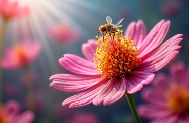 Bee pollinates pink flower. Insect collects pollen. Close-up floral macro. Nature plant detail. Floral reproduction. Microscopic view. Yellow pollen granule. Stamen system. Flower anther. Waxy