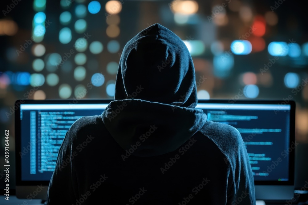 Poster individual in hoodie working on coding with computer in dark room at night