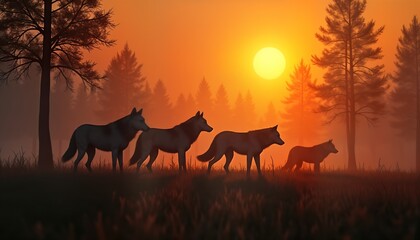 Wolf pack sunset silhouette. Canis lupus family in forest. Wildlife scene nature background. Predator animals hunting at dusk. Beautiful wild mammal image.