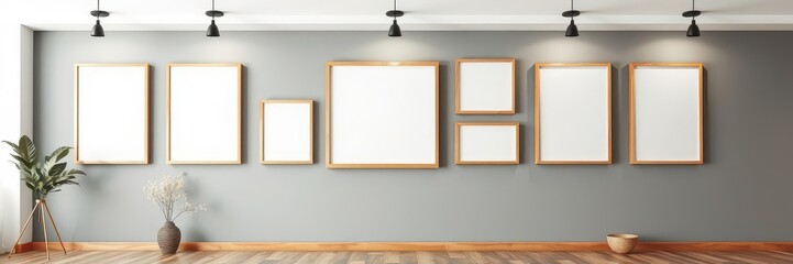 A realistic mockup of a photo frame gallery wall with various sizes and styles of frames, template, layout