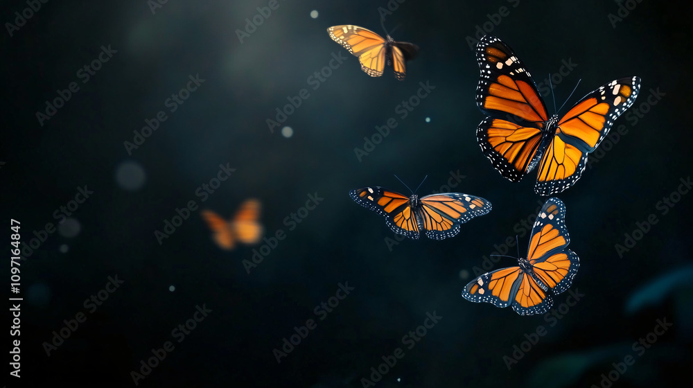 Poster Enchanting monarch butterflies fluttering in a mysterious and moody setting with bokeh, evoking a magical and ethereal ambiance