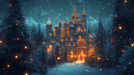 Fototapeta premium Enchanting christmas fantasy: fairy-tale castle with holiday lights in winter wonderland. Ethereal Winter Kingdom. Illustration