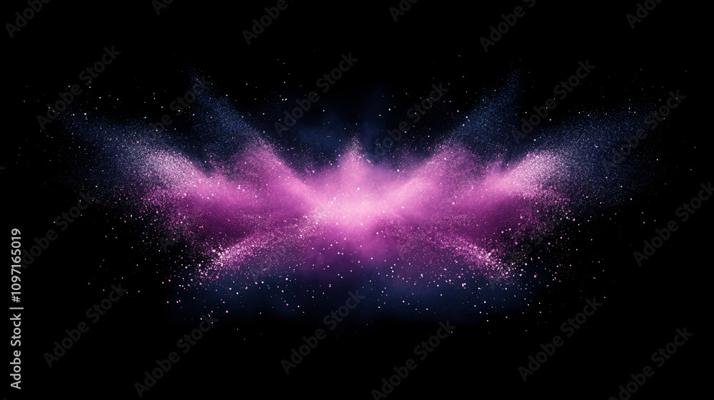 Poster vibrant particles burst into a stunning abstract pattern in shades of pink and purple against a dark