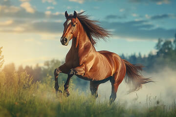 Fototapeta premium Majestic black horse running gracefully in a vibrant green field under a clear blue sky, perfect for equestrian, nature, and countryside themes