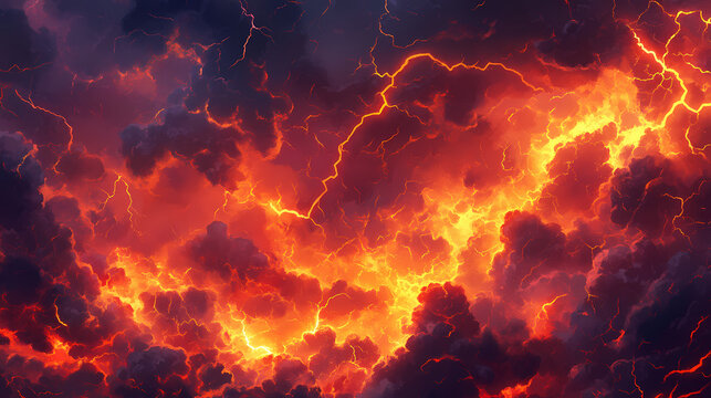 Dramatic sky with a powerful storm and electric fire , storm, dramatic, clouds, thunder, lightning, atmospheric, weather, nature. Electric Firestorm Clouds. Illustration