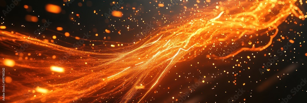 Poster a vibrant display of swirling orange light and particles, evoking energy and motion.