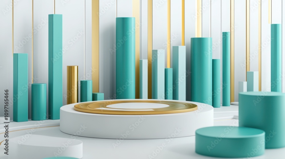 Poster Abstract geometric composition with cylindrical shapes and bars in turquoise and gold tones.