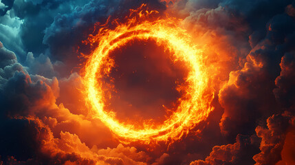 A vibrant glowing ring of fire surrounded by clouds, creating a dramatic and ethereal atmosphere. Electric Firestorm Clouds. Illustration