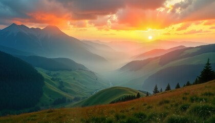 Naklejka premium Sunrise mountain valley landscape. Green hills. Misty valley. Golden sunlight. Scenic nature view. Travel tourism. Summer vacation. Peaceful scenery. Beautiful panorama. Perfect background. Calming