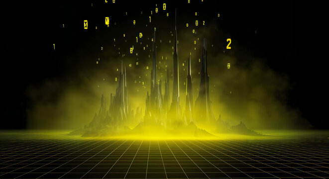 Futuristic yellow digital landscape with floating numbers and grid