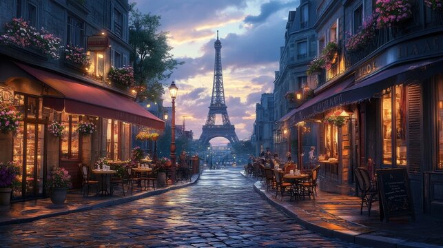 Charming Parisian street at dusk with the Eiffel Tower in the background.