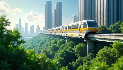 Obraz premium Futuristic monorail train travels elevated track above lush green landscape. Modern city skyscrapers form skyline. Eco friendly urban transit system. Sustainable tech progress. Green city future.