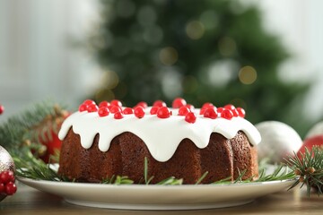 Traditional Christmas cake decorated with red currants and rosemary on wooden table, closeup