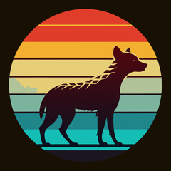 Retro Vector Illustration of a hyena Against a Sunset Landscape in a Vintage Style