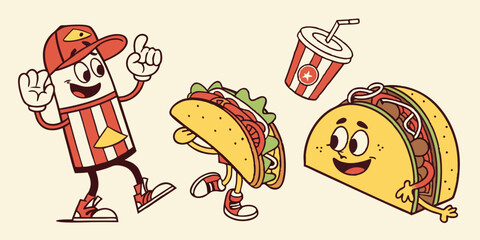 Retro Vector Characters Enjoying Tacos at a Fun Food Event in a Playful Environment
