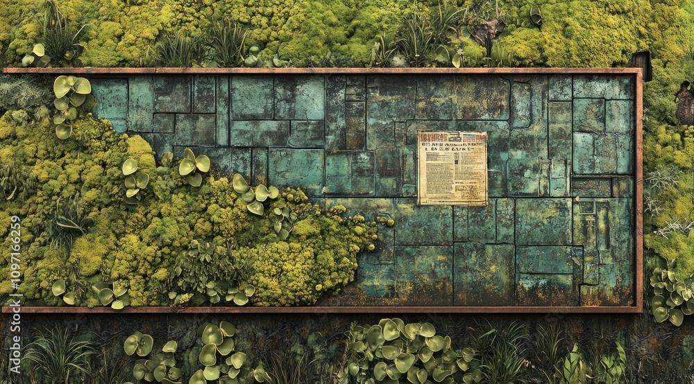 Poster a textured green wall with plants and a newspaper clipping embedded.