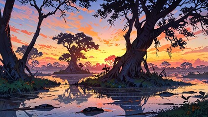 anime sunset over mangrove swamps with tranquil waters and vibrant colors