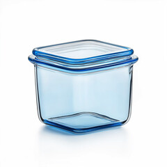 Empty glass food container with blue lid on white background