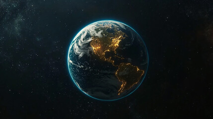 Obraz premium Nighttime view of north and south america from space, with city lights and stars in the background