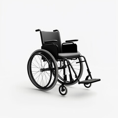 Fototapeta premium Empty black wheelchair standing on white background representing disability and accessibility