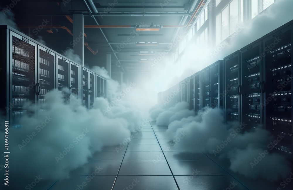 Leinwandbilder Smoke fills server room corridor. Data center racks stand in haze. Network security breach. Cyber attack threat. System failure. Digital data loss. Confidential information at risk. Tech