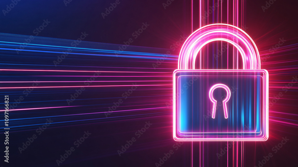 Aufkleber the shimmering neon padlock represents cybersecurity, protecting data flows on a dynamic digital pat