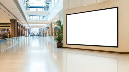 A spacious shopping mall interior featuring a large blank advertising screen, surrounded by upscale stores and bright natural light.