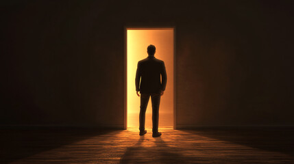 Obraz premium Businessman looking at bright light shining through open door in dark room, concept of future and hope