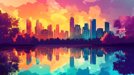 Vibrant city skyline with colorful reflections and trees under a sunset sky. Dreamlike Skyline Reflections. Illustration