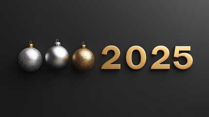 Minimalist holiday poster with 3D gold and silver baubles and "2025" numbers, set on a black background.