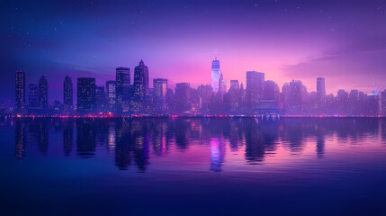 Fototapeta premium Majestic dark skyline of a futuristic city at dusk with misty waters below. Dreamlike Skyline Reflections. Illustration