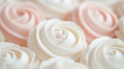 Cupcake meringue roses in soft pink and white create an elegant dessert display suitable for weddings and special occasions