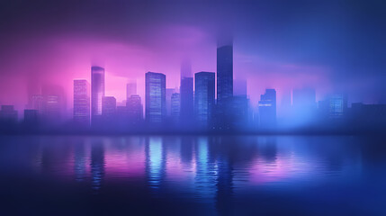 Majestic dark skyline of a futuristic city at dusk with misty waters below. Dreamlike Skyline Reflections. Illustration