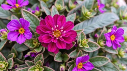 Vibrant purple flower petals and delicate leaves, spring, leafy