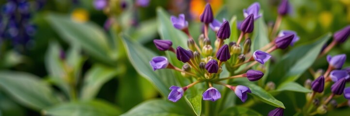 Vibrant purple flower petals and leaves in a close-up shot, texture, detail, purple