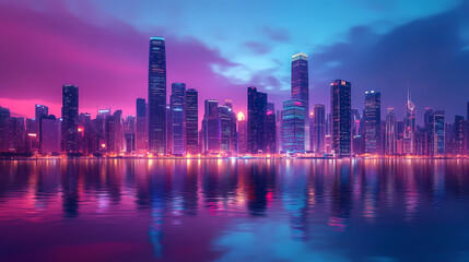 Obraz premium Futuristic neon skyline at dusk with illuminated skyscrapers and cityscape reflections. Dreamlike Skyline Reflections. Illustration