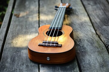 Fototapeta premium Wooden ukulele resting on a weathered wooden table, bathed in warm sunlight, creating a peaceful and musical scene