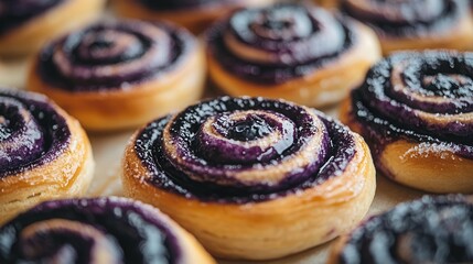 Fototapeta premium Delicious blueberry cinnamon rolls on an oiled baking sheet with a glossy cream cheese filling and sugary glaze