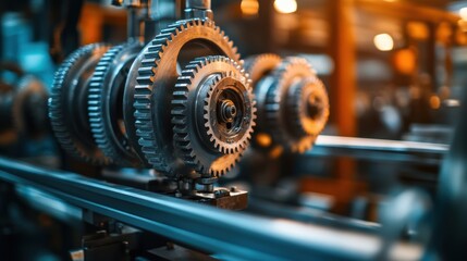 Fototapeta premium Close-up of interlocking gears in an industrial setting, showcasing machinery.