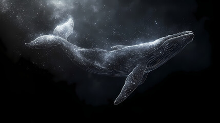 Fototapeta premium An abstract interpretation of a whale composed of starlit strands, gracefully floating through the vast cosmic expanse, evoking dreams and serenity. Floating Cosmic Whale. Illustration