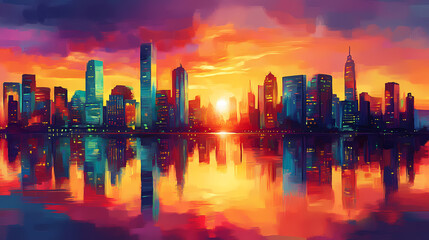 Obraz premium A dreamlike shopping district at sunset with vibrant colors and reflections. Dreamlike Skyline Reflections. Illustration