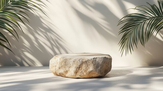 Stone pedestal casting palm leaf shadows on white background for product showcase in minimal studio setting