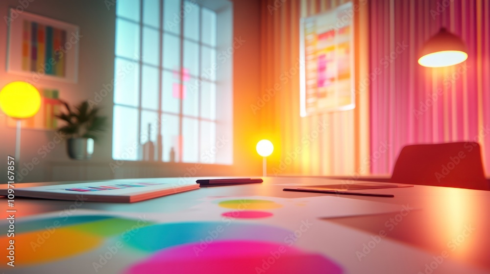 Poster A vibrant workspace with colorful design elements and warm lighting.