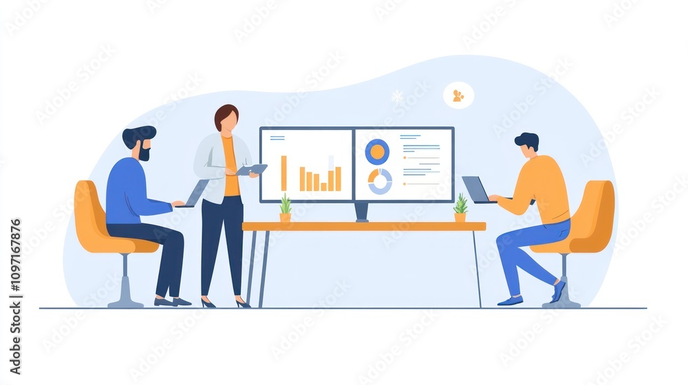 Poster Team reviewing data charts on large computer screens