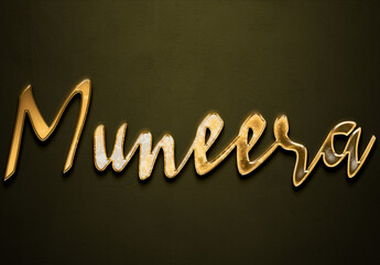 Old gold text effect of Arabic name Muneera with 3D glossy style Mockup.