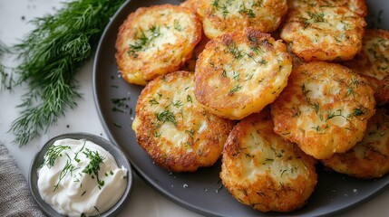Fototapeta premium Golden potato fritters served with dill and cream cheese on a gray plate, perfect for any meal or snack