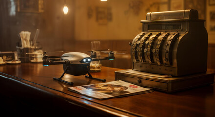 Fototapeta premium Vintage cash register and modern drone in cozy cafe setting