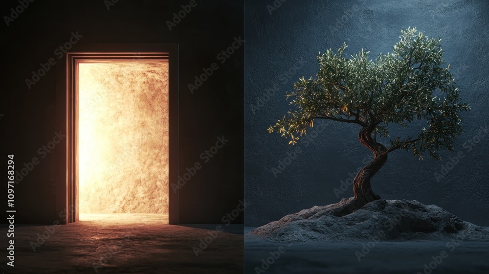 Poster a contrasting scene featuring an illuminated doorway and a solitary tree.