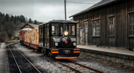 Obraz premium Vintage train delivering cargo on rural railway track near wooden station
