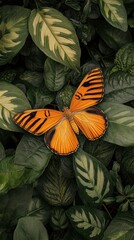 Banded Orange Heliconian Butterfly Resting on Foliage in Lush Green Environment. Generative AI